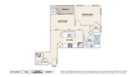 Floor plan for 1 bed, 1 bath, 765 sqft